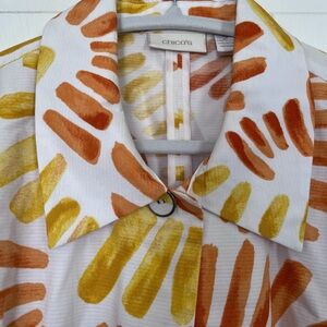 Chico's White Shirt with Mustard Yellow & Burnt Orange Brushstroke Print